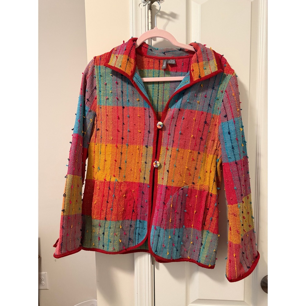 Anu Womens Multi Color Woven Plaid Cotton Jacket Boho Textured Button Up Small